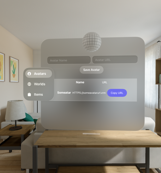 A screenshot of the vision pro simulator showing an interface for people to save their avatar urls to quickly copy them to clipboard and paste in a world.